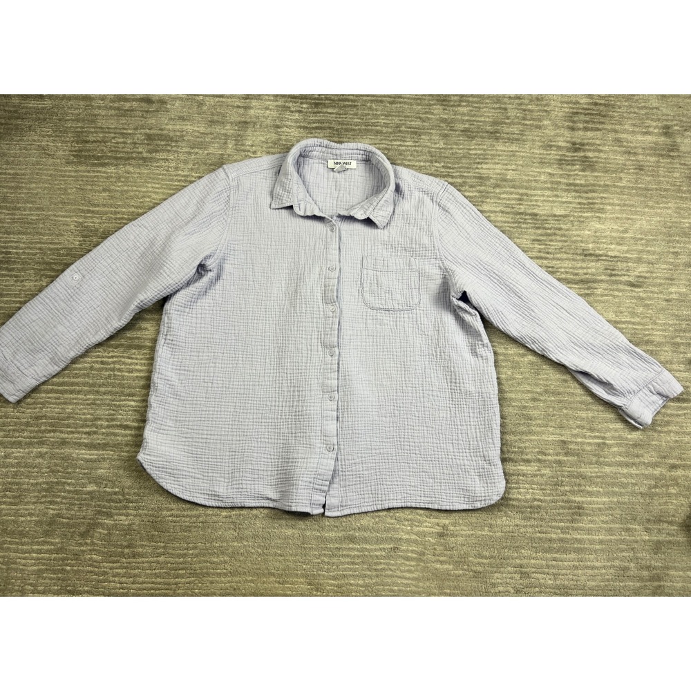 Nine West Shirt Womens XXL Purple Double Gauze Cotton Button Down Roll Tab